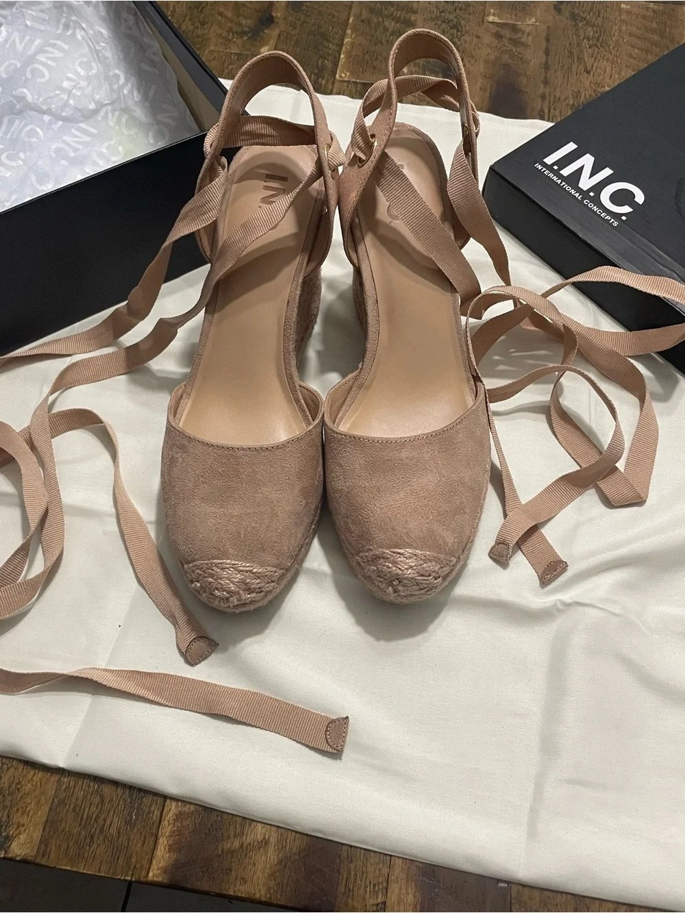 INC International Concepts Dusty Pink Espadrille Wedge Sandals with Ankle Wraps